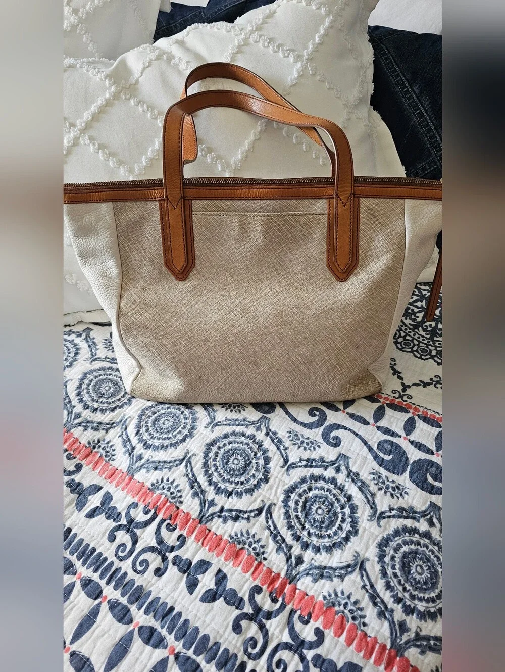 Fossil Beige and Brown Tote Bag